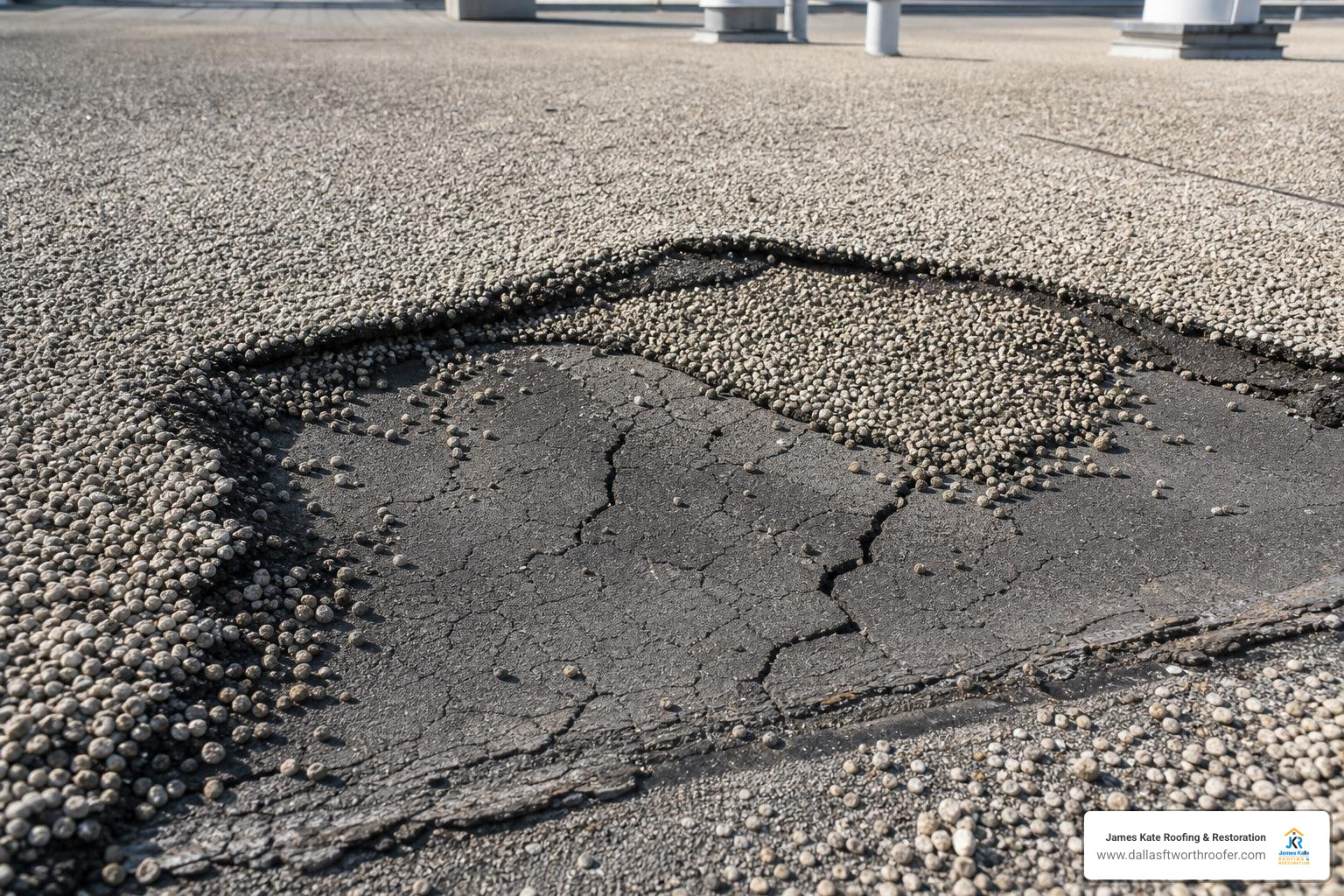 weather-damaged tar and gravel roof showing displaced gravel and cracked asphalt layers weather-damaged tar and gravel roof showing displaced gravel and cracked asphalt layers