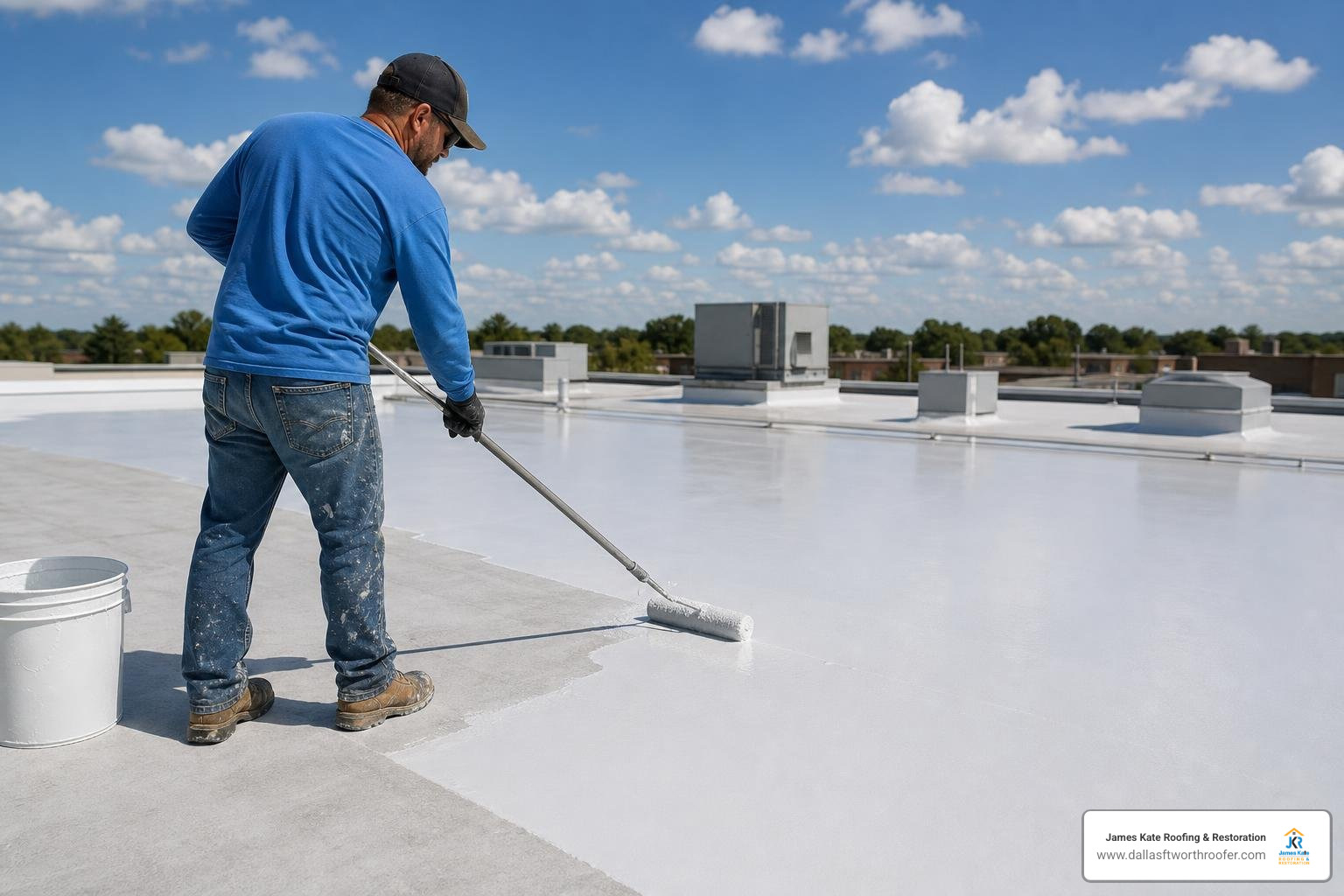A commercial roofing worker wearing a blue James Kate shirt applying liquid roof membrane A commercial roofing worker wearing a blue James Kate shirt applying liquid roof membrane