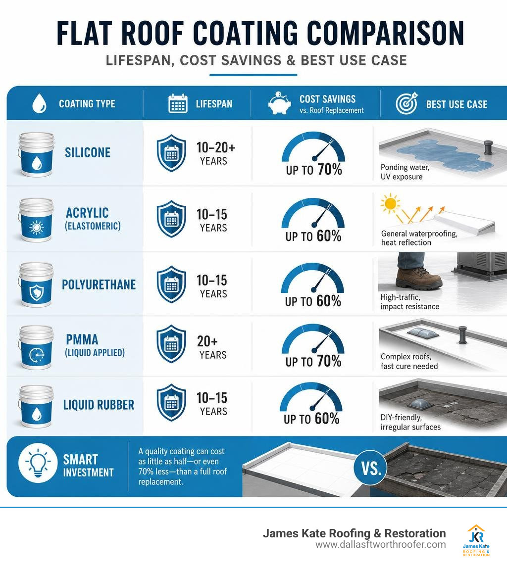 Infographic comparing flat roof coating types by lifespan, cost savings, and best use case infographic Infographic comparing flat roof coating types by lifespan, cost savings, and best use case infographic