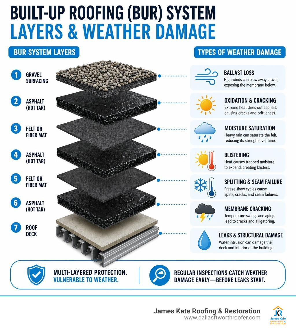 infographic showing layers of a built-up roofing BUR system and types of weather damage at each layer infographic infographic showing layers of a built-up roofing BUR system and types of weather damage at each layer infographic
