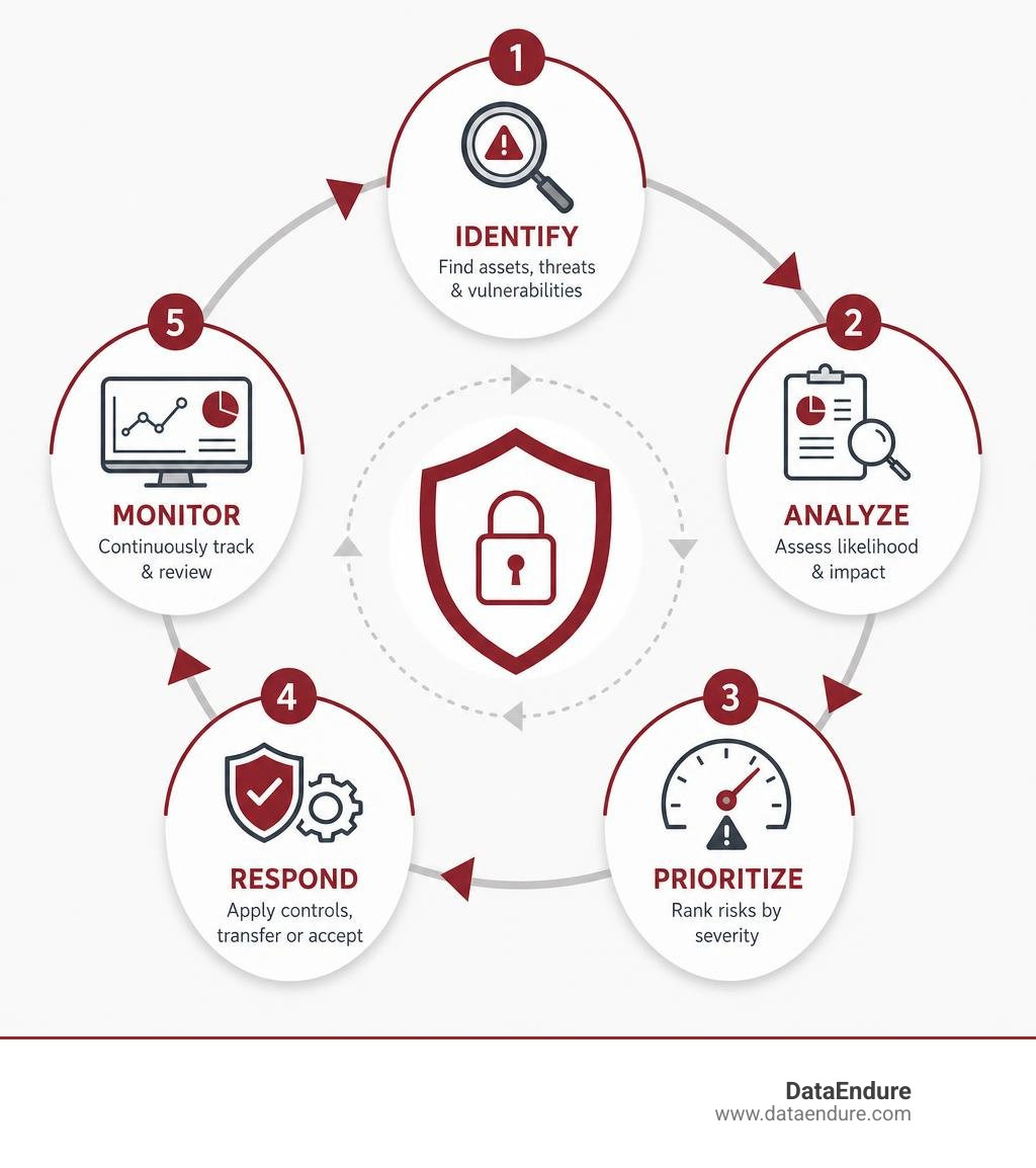 Cyber risk assessment lifecycle: identify, analyze, prioritize, respond, monitor infographic Cyber risk assessment lifecycle: identify, analyze, prioritize, respond, monitor infographic