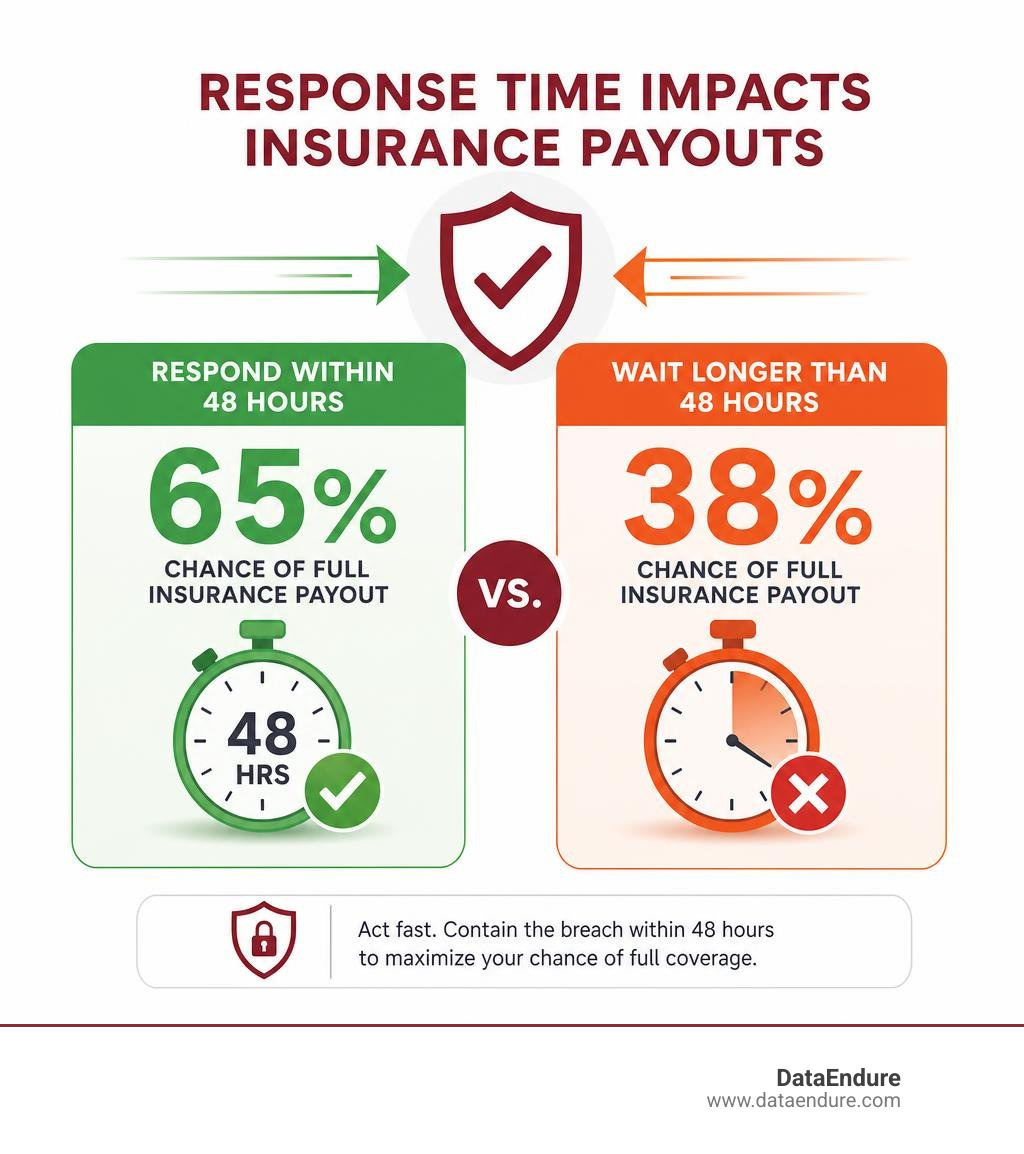 Stats infographic: 65% chance of full insurance payout if responding within 48 hours vs. 38% if waiting longer infographic Stats infographic: 65% chance of full insurance payout if responding within 48 hours vs. 38% if waiting longer infographic
