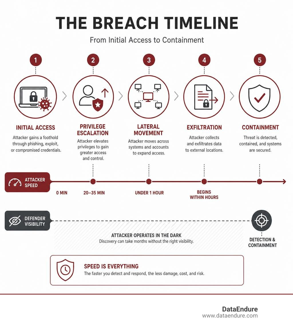 Timeline infographic: data breach from initial access through privilege escalation, lateral movement, exfiltration, and Timeline infographic: data breach from initial access through privilege escalation, lateral movement, exfiltration, and