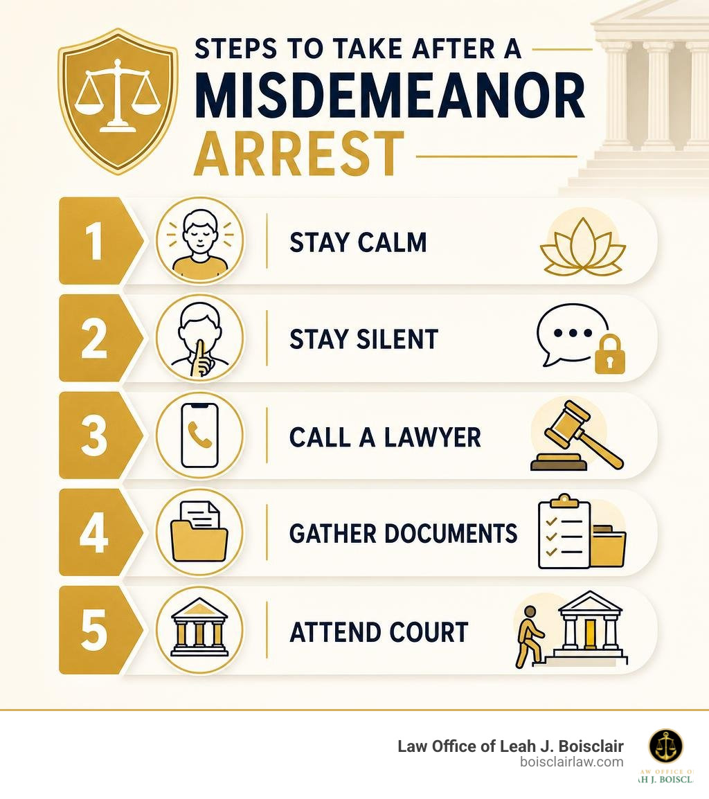 Steps to take after a misdemeanor arrest: stay calm, stay silent, call a lawyer, gather documents, attend court infographic