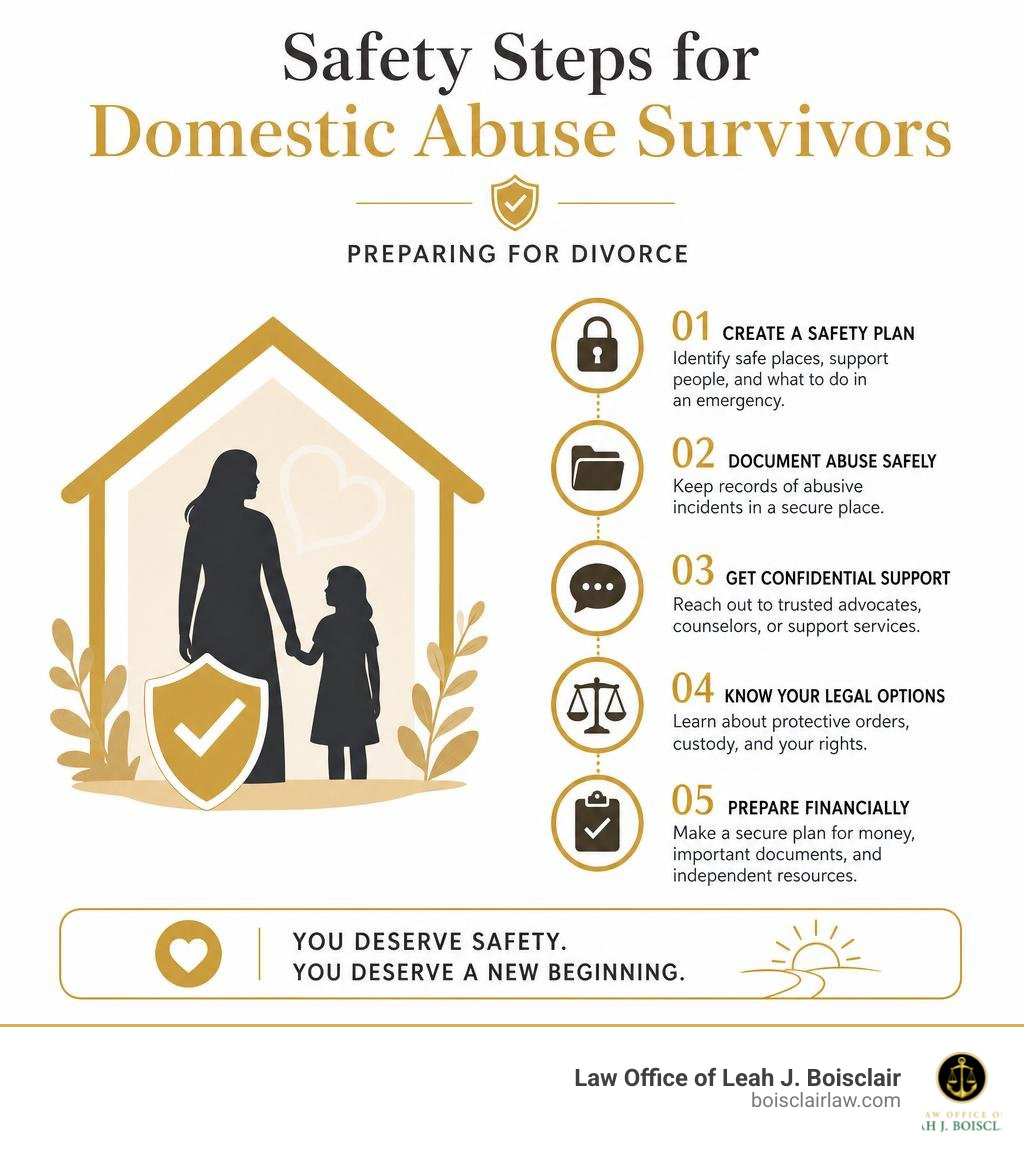 Safety steps for domestic abuse survivors preparing for divorce infographic