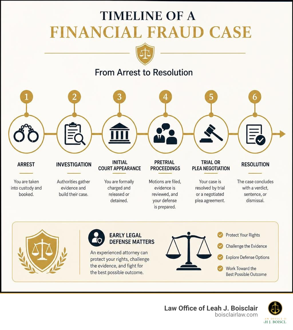 Timeline of a financial fraud case from arrest to resolution infographic