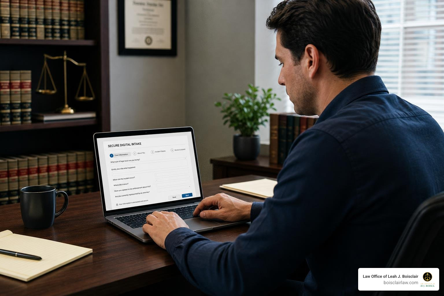 A client filling out a secure intake form to document their legal defense strategy
