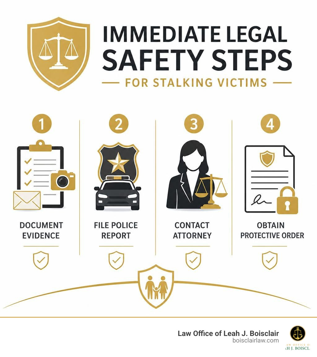 Infographic showing immediate legal safety steps for stalking victims including document evidence, file police report Infographic showing immediate legal safety steps for stalking victims including document evidence, file police report
