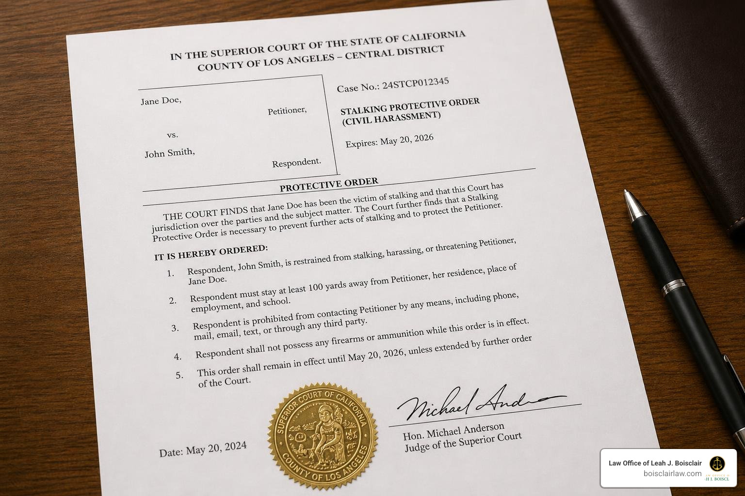 Court order document for stalking protection Court order document for stalking protection