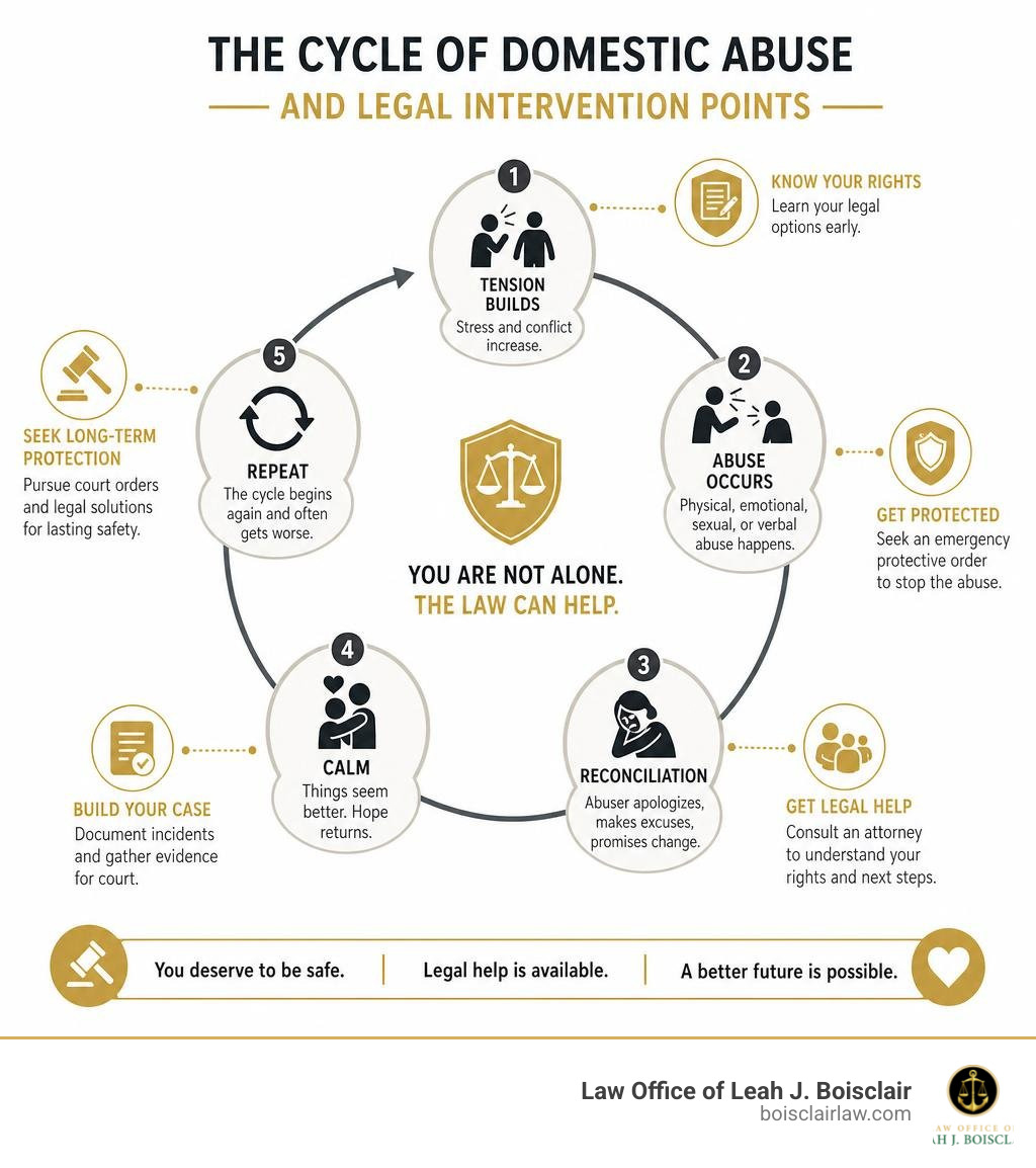 Cycle of domestic abuse and legal intervention points infographic infographic