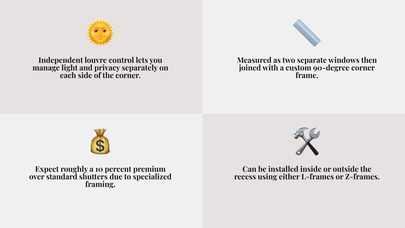 Benefits of corner window shutters: light control, privacy, insulation, aesthetics, and energy efficiency infographic Benefits of corner window shutters: light control, privacy, insulation, aesthetics, and energy efficiency infographic