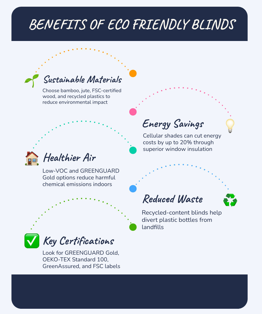 Infographic showing eco-friendly blind types, key certifications, materials, and energy savings benefits infographic Infographic showing eco-friendly blind types, key certifications, materials, and energy savings benefits infographic