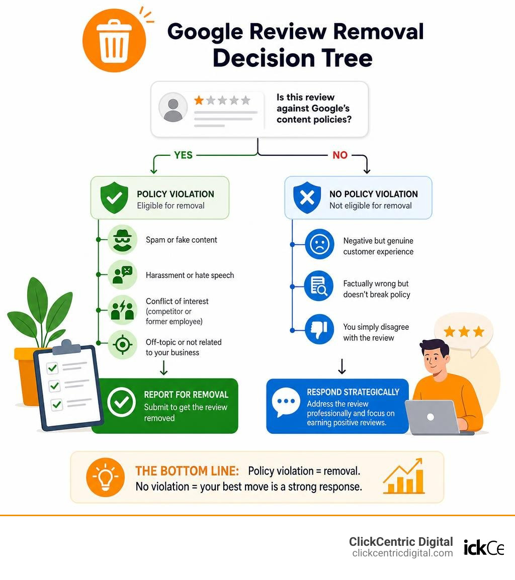 Google review removal decision tree: policy violation leads to removal, no violation leads to response strategy infographic