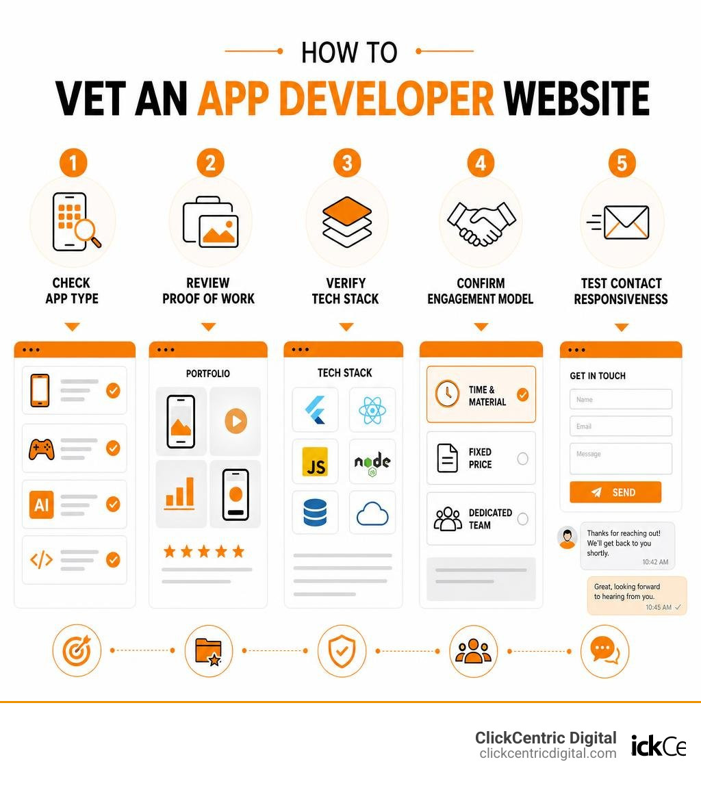 Infographic showing how to vet an app developer website: check app type, review proof of work, verify tech stack, confirm Infographic showing how to vet an app developer website: check app type, review proof of work, verify tech stack, confirm