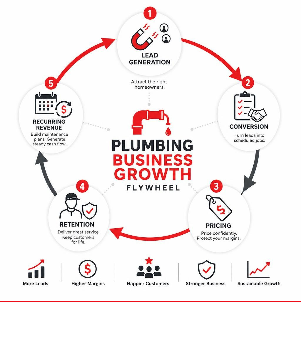 Plumbing business growth flywheel showing lead generation, conversion, pricing, retention, and recurring revenue cycle Plumbing business growth flywheel showing lead generation, conversion, pricing, retention, and recurring revenue cycle