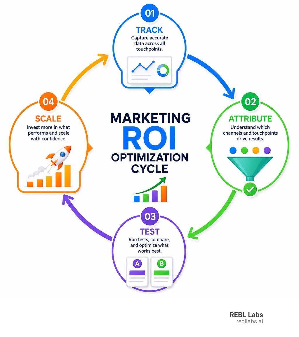 Marketing ROI optimization cycle showing tracking, attribution, testing, and scaling steps infographic