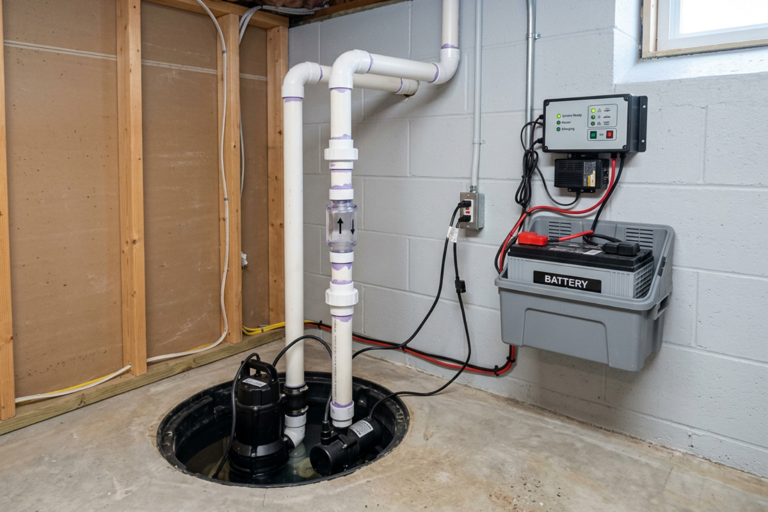 Newly installed sump pump with battery backup system Newly installed sump pump with battery backup system