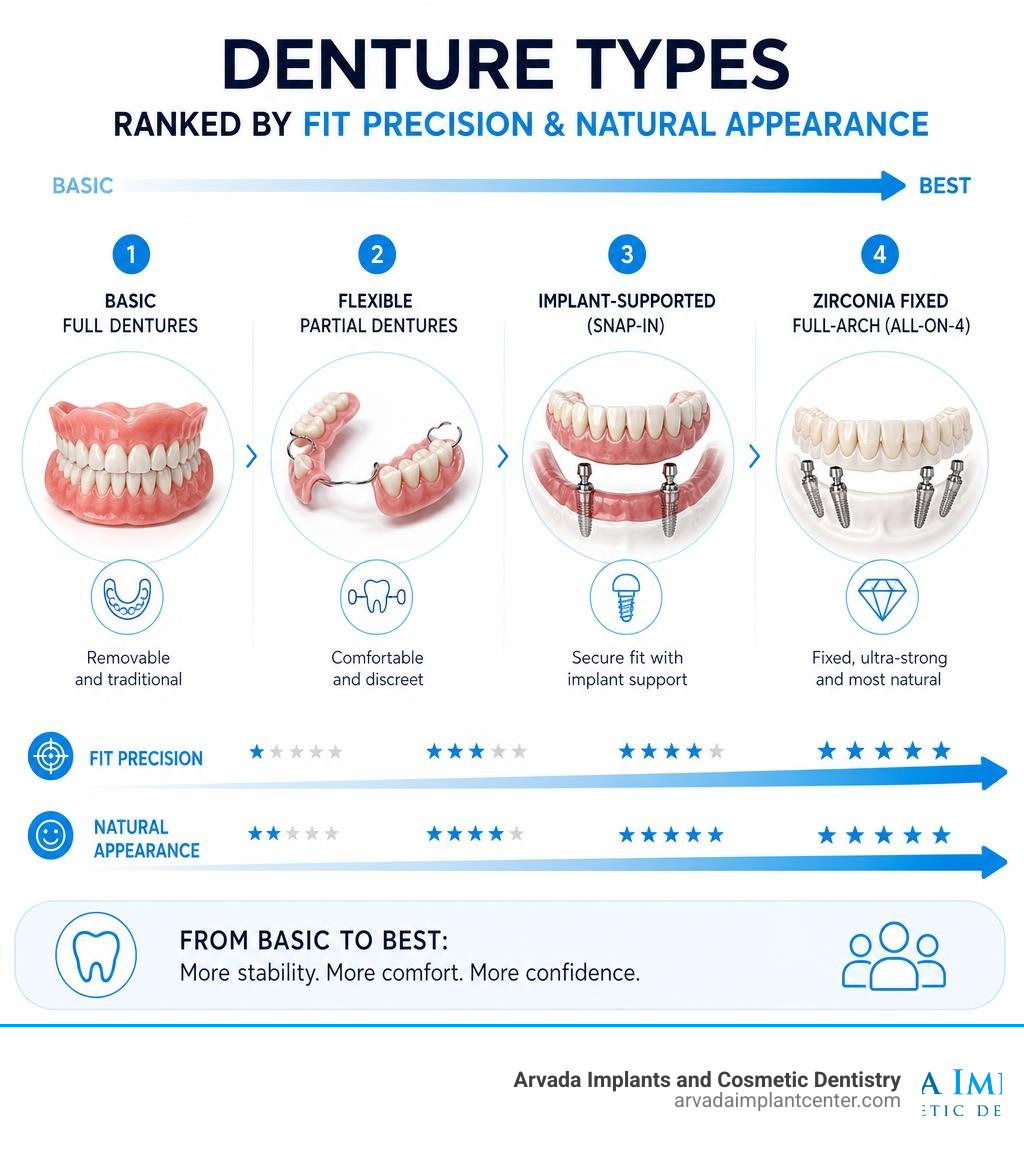 Infographic showing denture types ranked by fit precision and natural appearance from basic to zirconia implant-supported