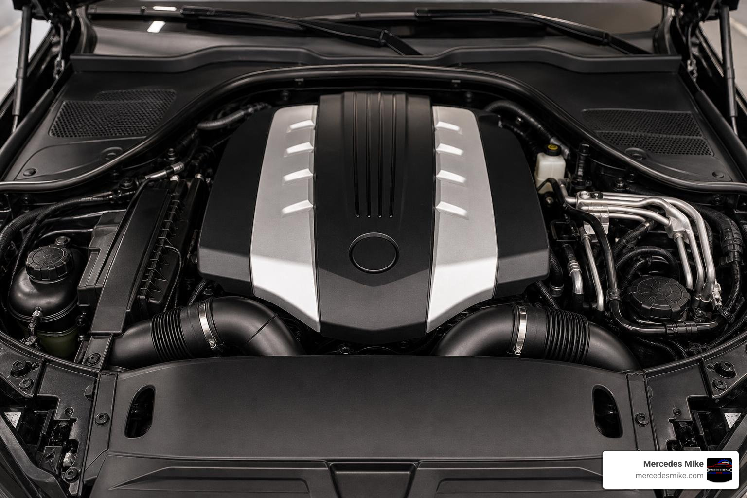 A clean, well-maintained German luxury car engine bay A clean, well-maintained German luxury car engine bay
