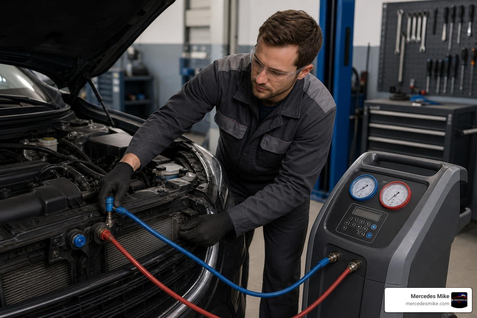 Technician connecting a recharge hose to the low-pressure port Technician connecting a recharge hose to the low-pressure port