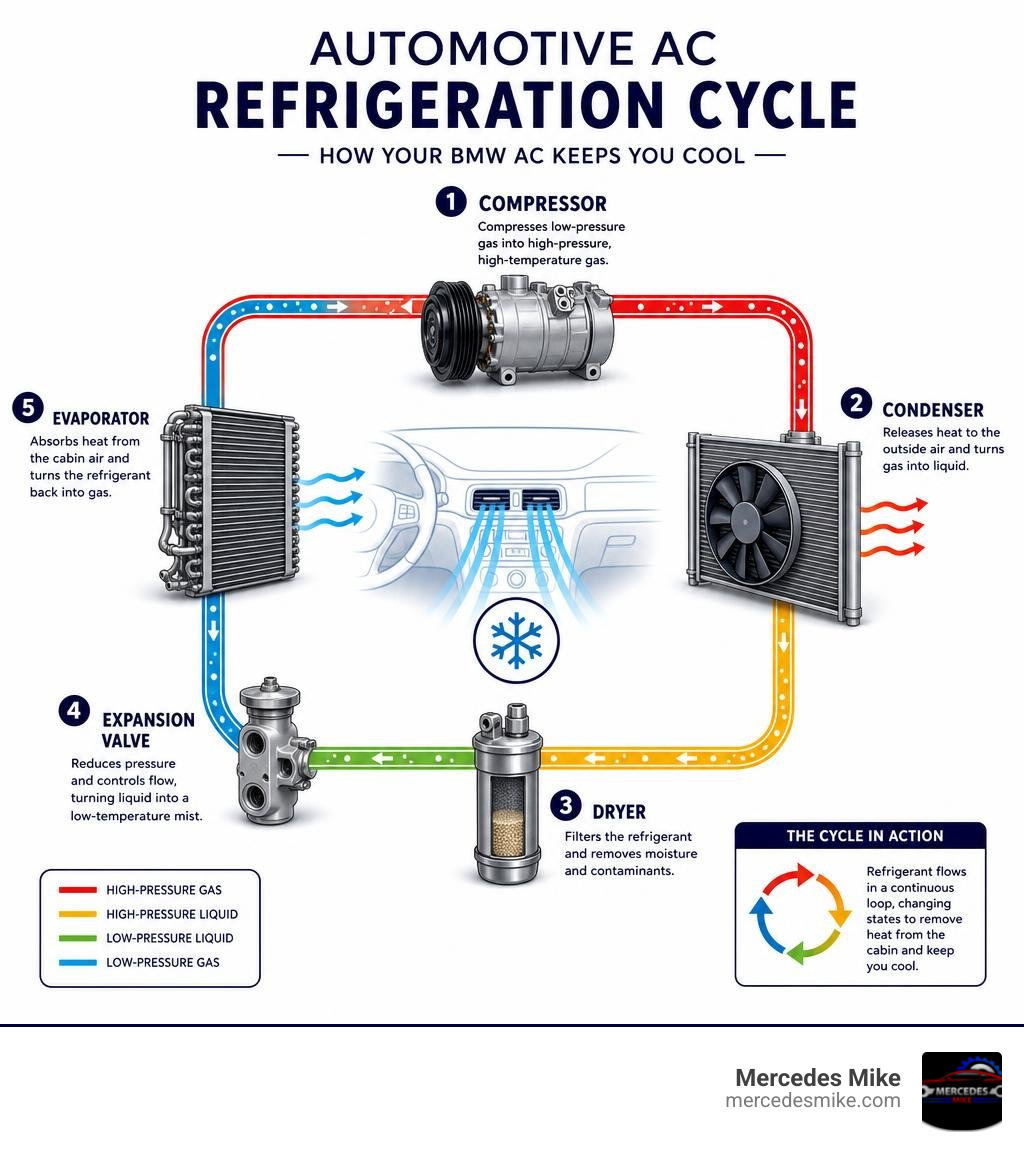Automotive AC refrigeration cycle diagram showing compressor, condenser, dryer, expansion valve, and evaporator infographic Automotive AC refrigeration cycle diagram showing compressor, condenser, dryer, expansion valve, and evaporator infographic