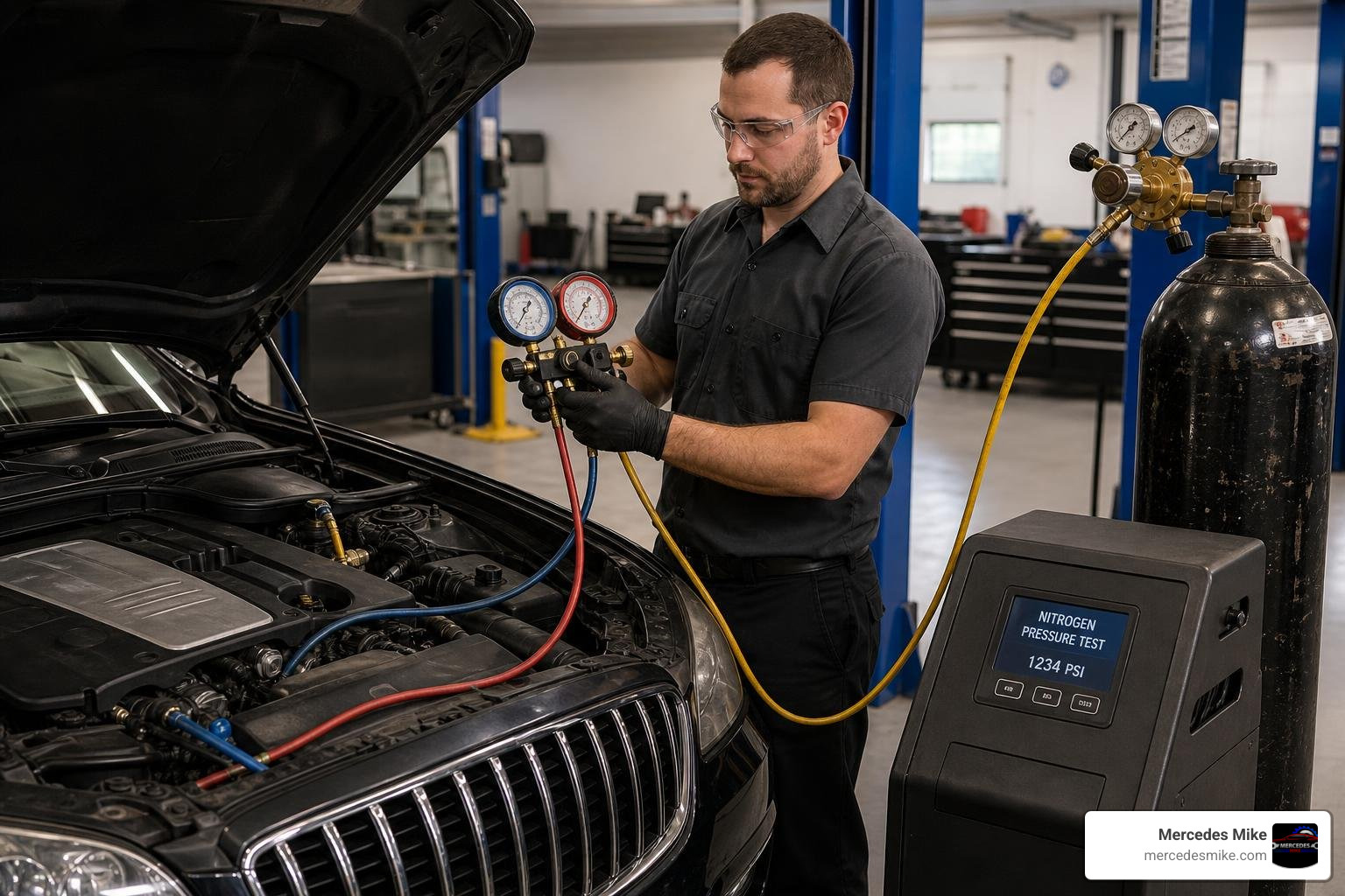 Technician pressure testing a luxury car AC system for leaks Technician pressure testing a luxury car AC system for leaks