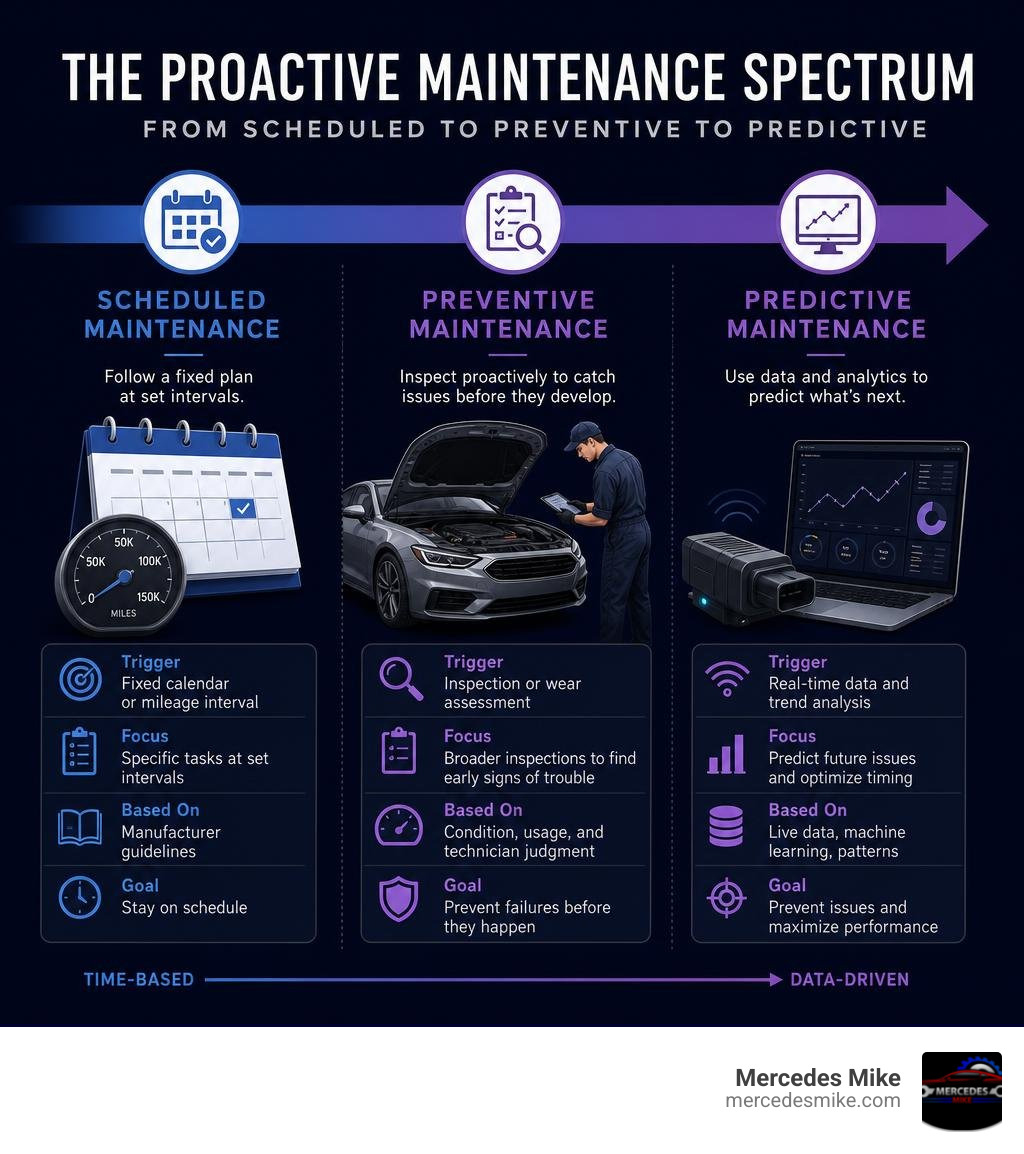 Proactive maintenance spectrum from scheduled to preventive to predictive maintenance comparison infographic infographic Proactive maintenance spectrum from scheduled to preventive to predictive maintenance comparison infographic infographic