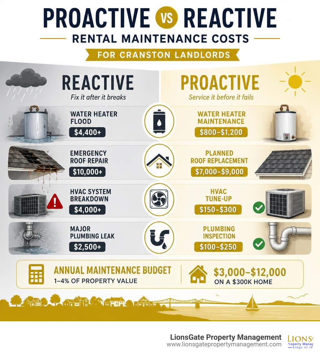 Proactive vs reactive rental maintenance costs infographic for Cranston landlords infographic Proactive vs reactive rental maintenance costs infographic for Cranston landlords infographic