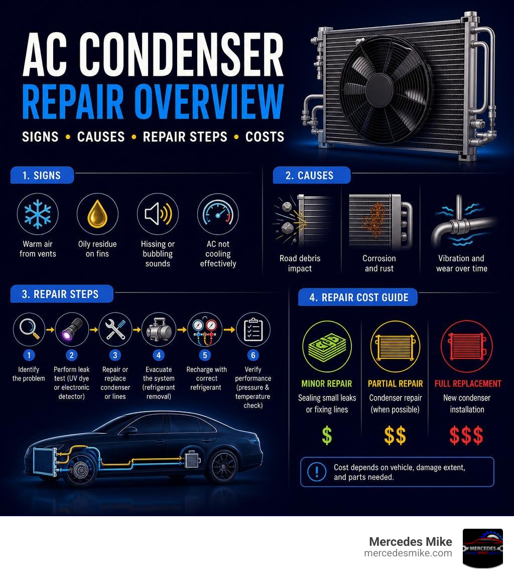 Infographic: AC condenser repair overview — signs, causes, repair steps, and costs infographic Infographic: AC condenser repair overview — signs, causes, repair steps, and costs infographic