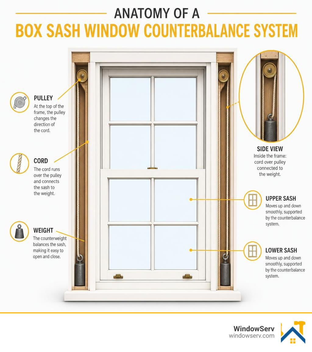 Anatomy of a box sash window counterbalance system showing cord, pulley, weights, and sashes infographic Anatomy of a box sash window counterbalance system showing cord, pulley, weights, and sashes infographic