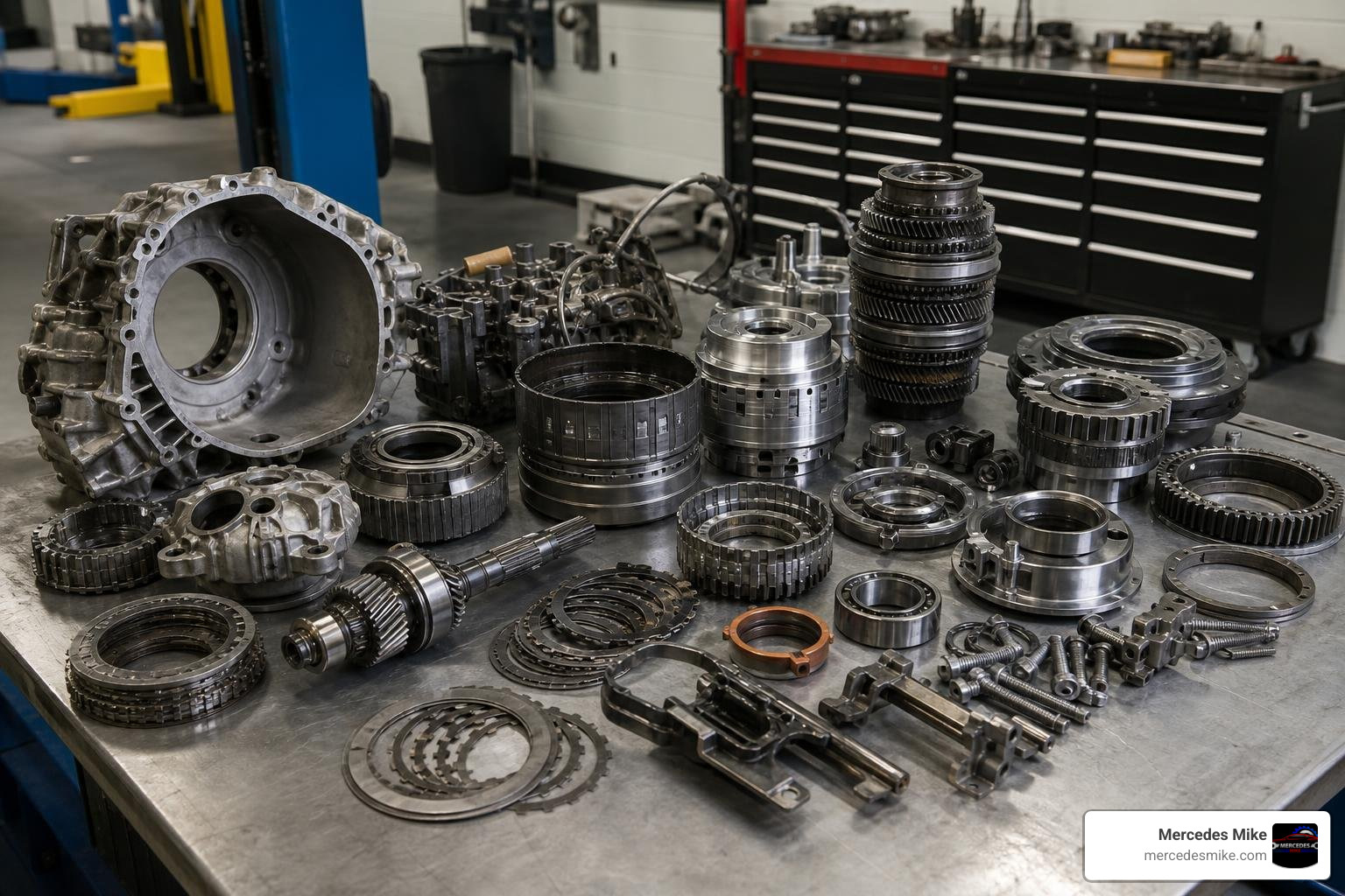 Disassembled transmission components on a professional workbench Disassembled transmission components on a professional workbench