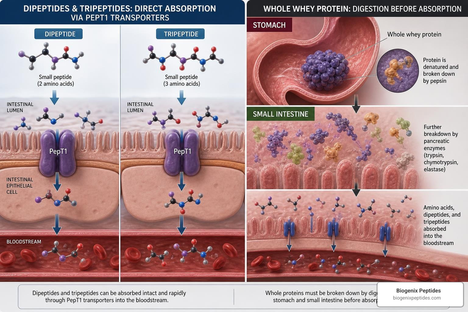 Dipeptide and tripeptide absorption compared to whole whey protein digestion pathways