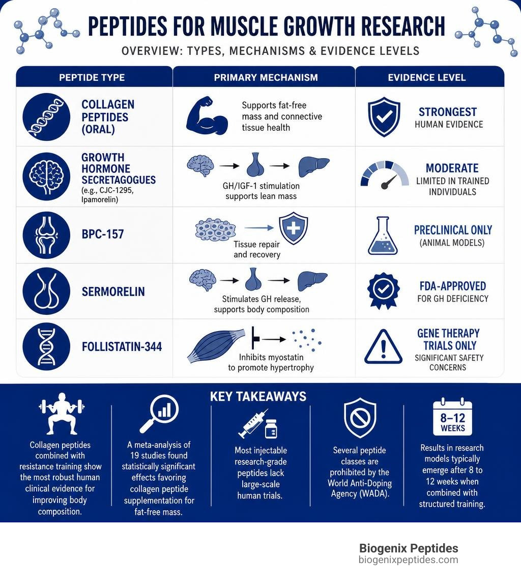 Overview infographic: peptide types, mechanisms, and evidence levels for muscle growth research infographic
