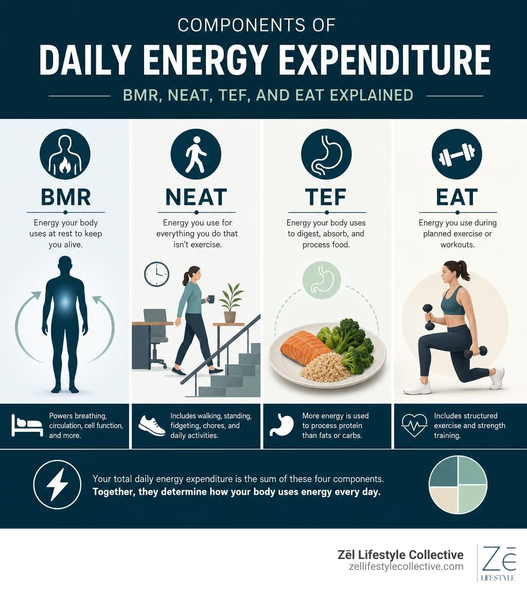 Components of daily energy expenditure: BMR, NEAT, TEF, and EAT explained infographic Components of daily energy expenditure: BMR, NEAT, TEF, and EAT explained infographic