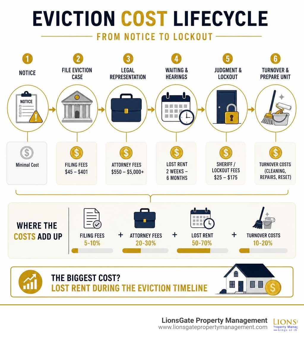 Eviction cost lifecycle from notice to lockout including filing fees, attorney fees, lost rent, and turnover infographic Eviction cost lifecycle from notice to lockout including filing fees, attorney fees, lost rent, and turnover infographic