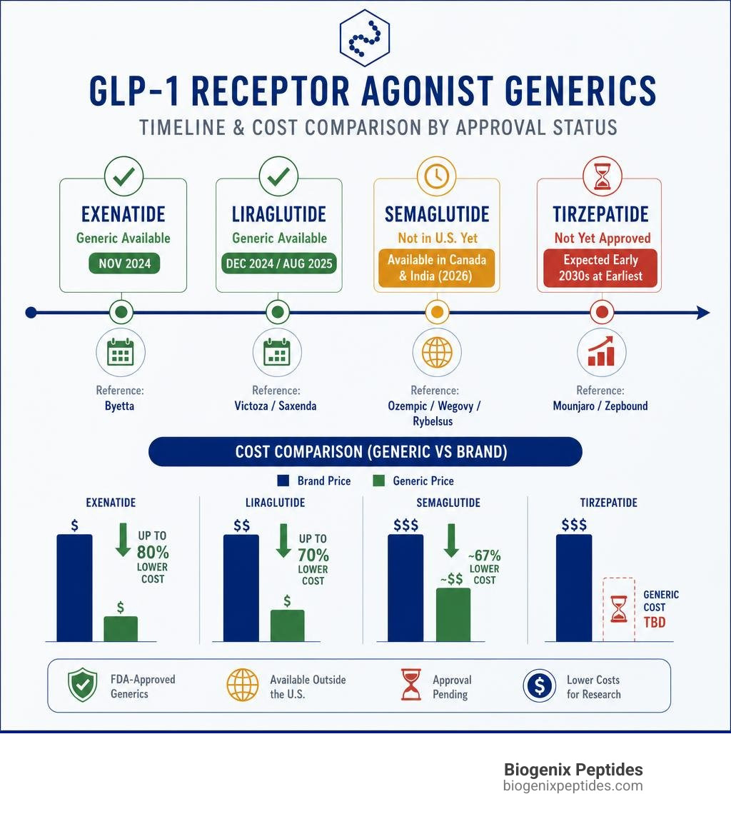 Timeline and cost comparison infographic for GLP-1 receptor agonist generics by approval status infographic