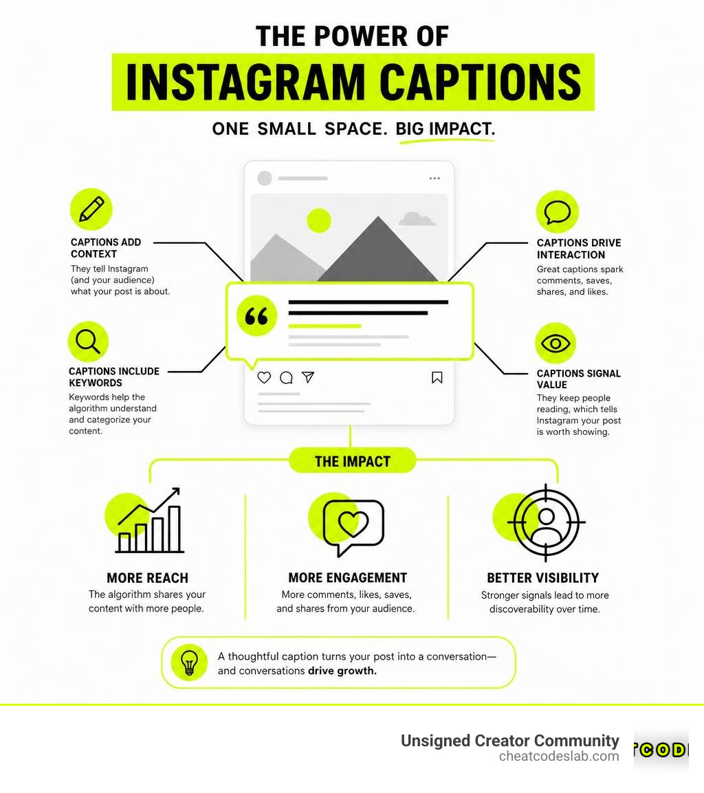 Infographic showing how Instagram captions impact reach, engagement, and algorithm visibility infographic