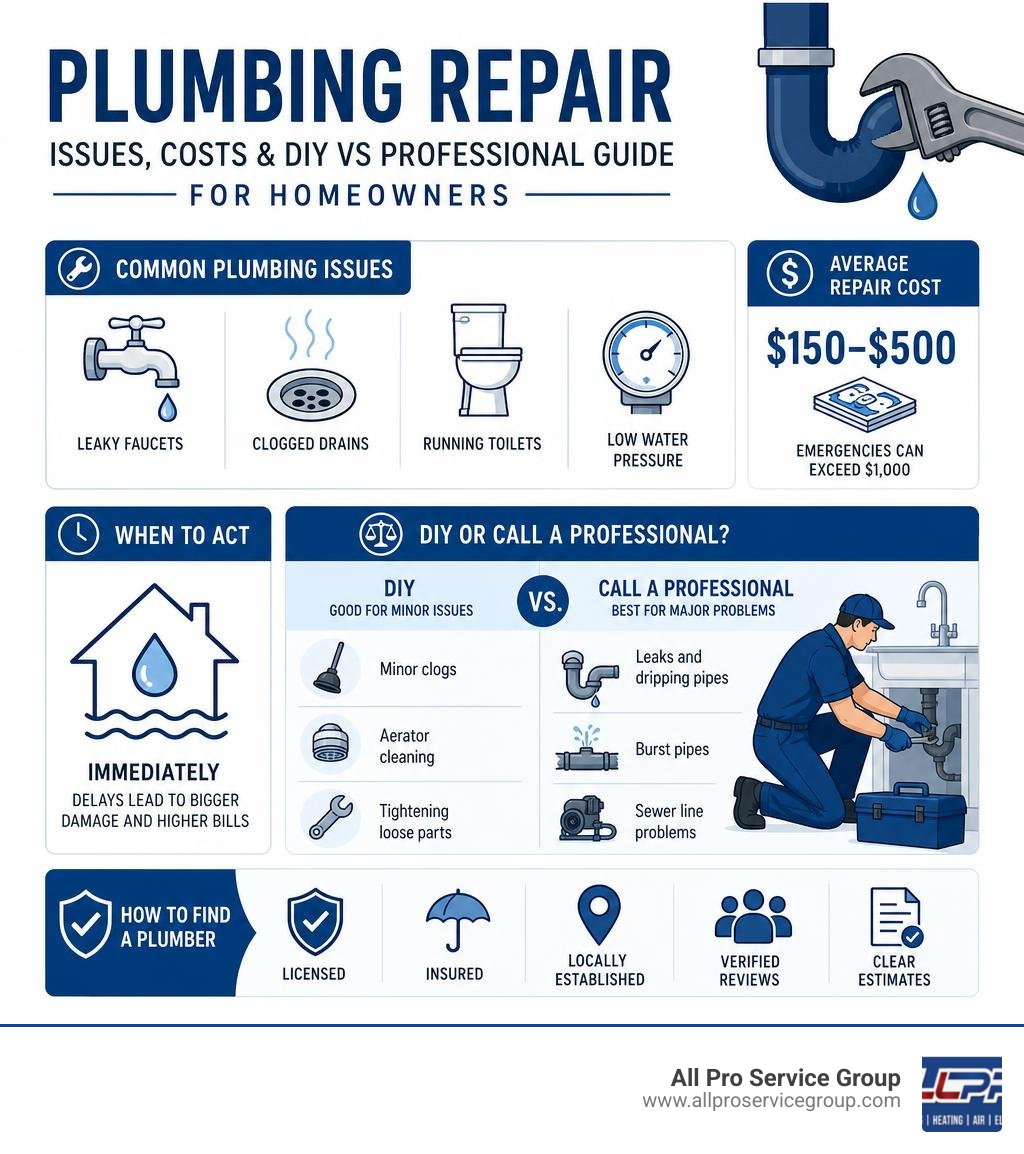 Common plumbing repair issues, costs, DIY vs professional decision guide for homeowners infographic