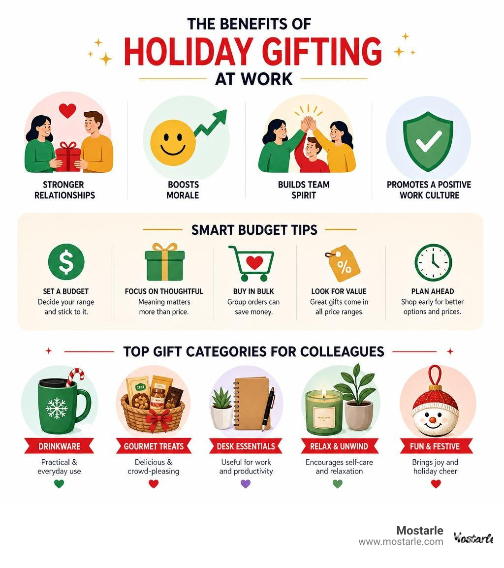 Infographic showing benefits of holiday gifting at work, budget tips, and top gift categories for colleagues infographic Infographic showing benefits of holiday gifting at work, budget tips, and top gift categories for colleagues infographic
