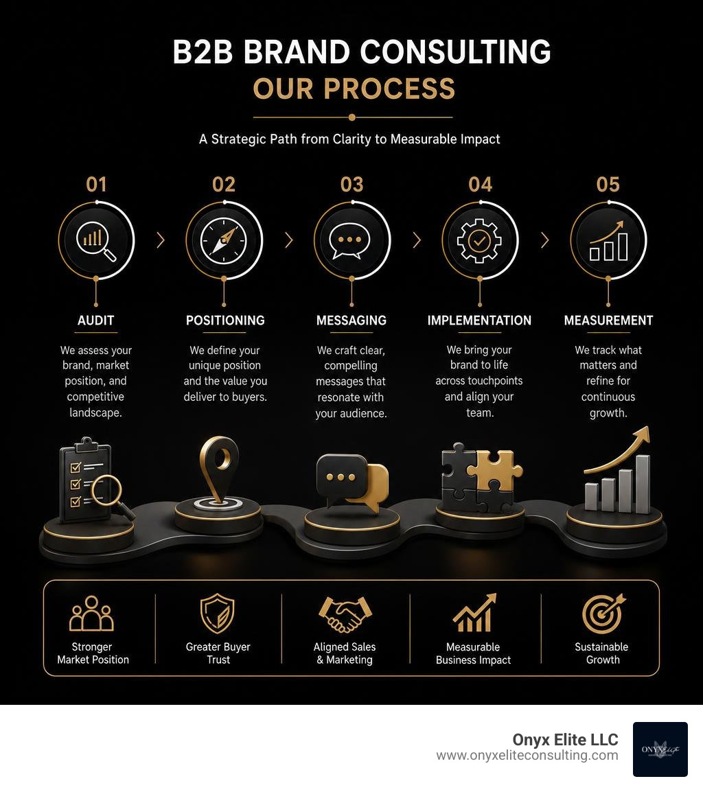 B2B brand consulting process infographic: audit, positioning, messaging, implementation, measurement infographic B2B brand consulting process infographic: audit, positioning, messaging, implementation, measurement infographic