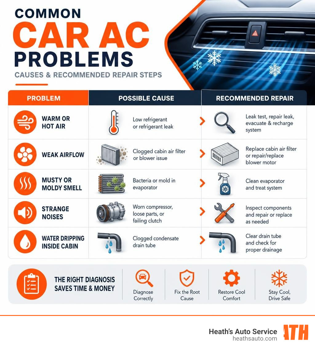 Infographic showing common car AC problems, their causes, and recommended repair steps infographic Infographic showing common car AC problems, their causes, and recommended repair steps infographic