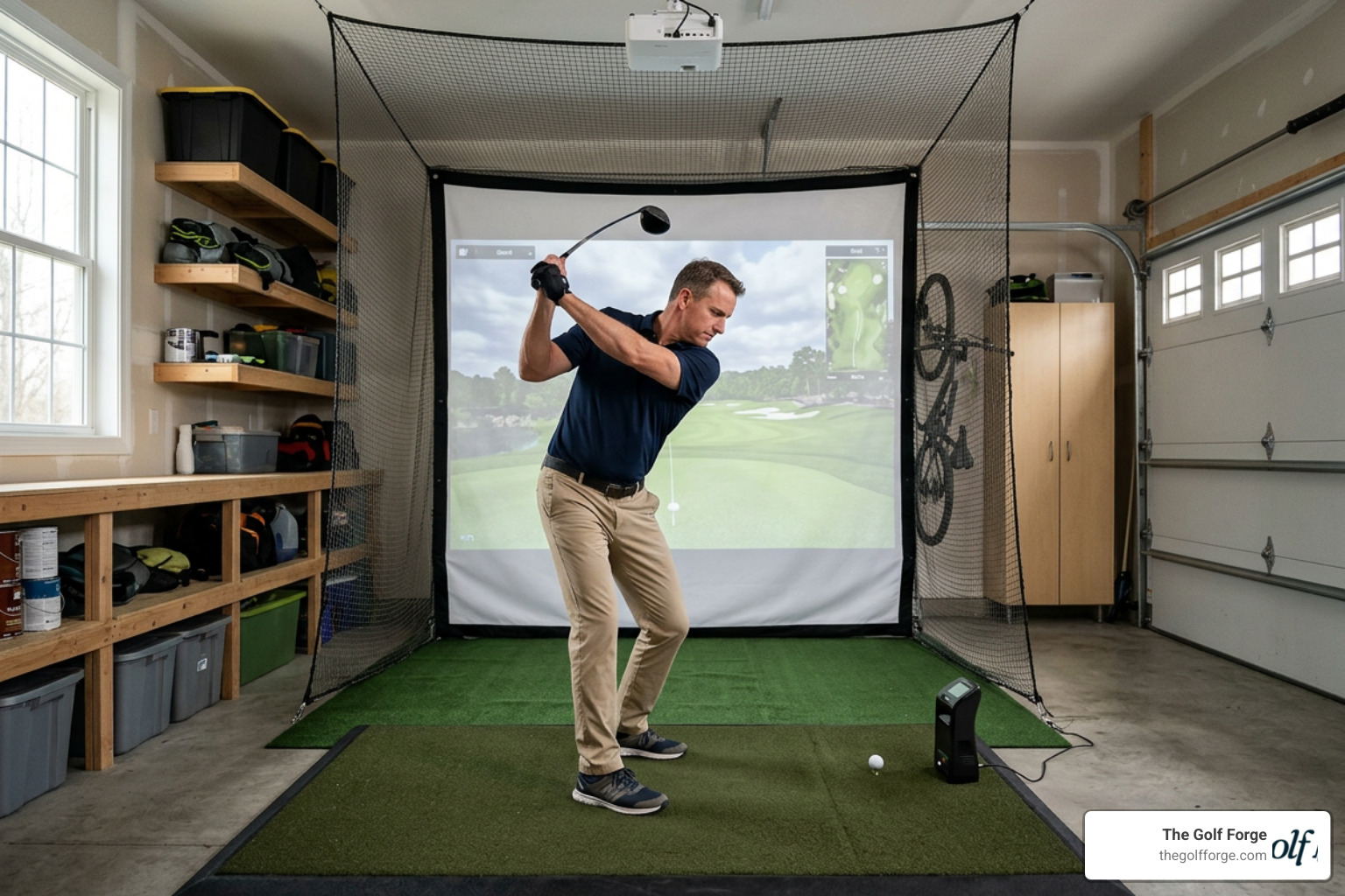Golfer swinging in a garage simulator