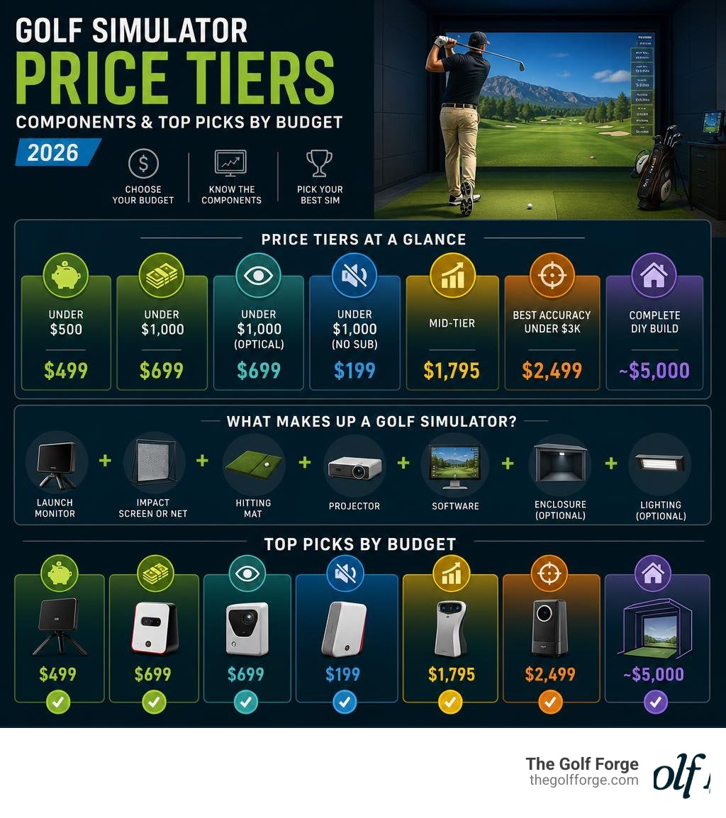 Golf simulator price tiers, components, and top picks by budget for 2026 infographic