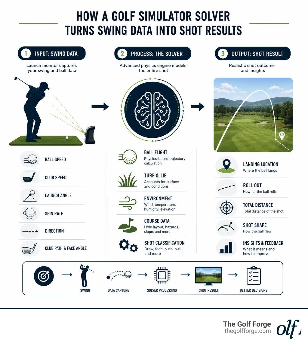 Infographic showing how a golf simulator solver processes swing data from input to shot output infographic Infographic showing how a golf simulator solver processes swing data from input to shot output infographic
