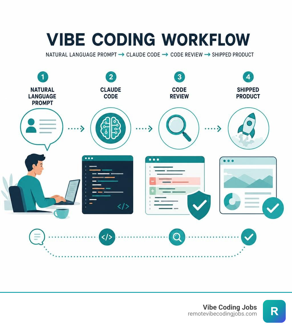 Vibe coding workflow infographic: natural language prompt to Claude Code to code review to shipped product infographic