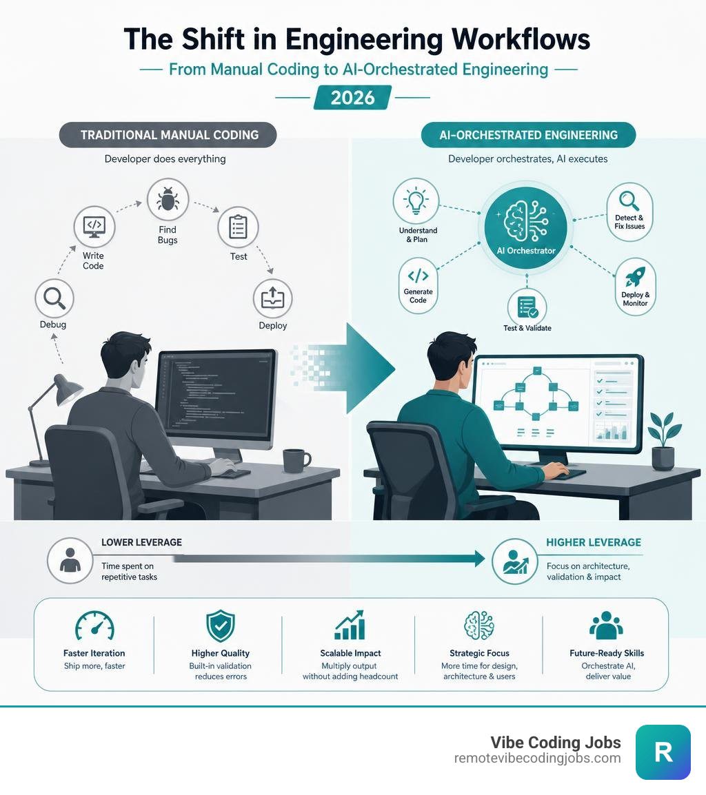 Infographic showing the shift from traditional manual coding to AI-orchestrated engineering workflows in 2026 infographic