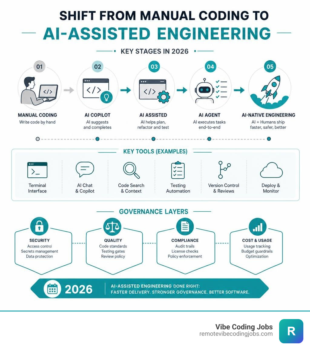 Shift from manual coding to AI-assisted engineering showing key stages, tools, and governance layers in 2026 infographic