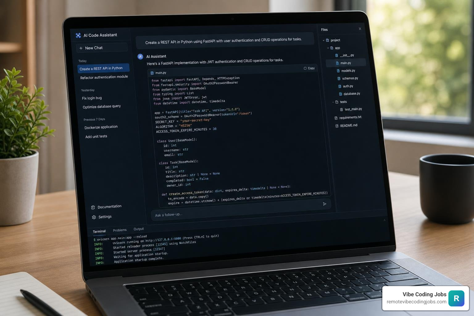 Modern AI-native developer tools interface showing code generation and terminal integration