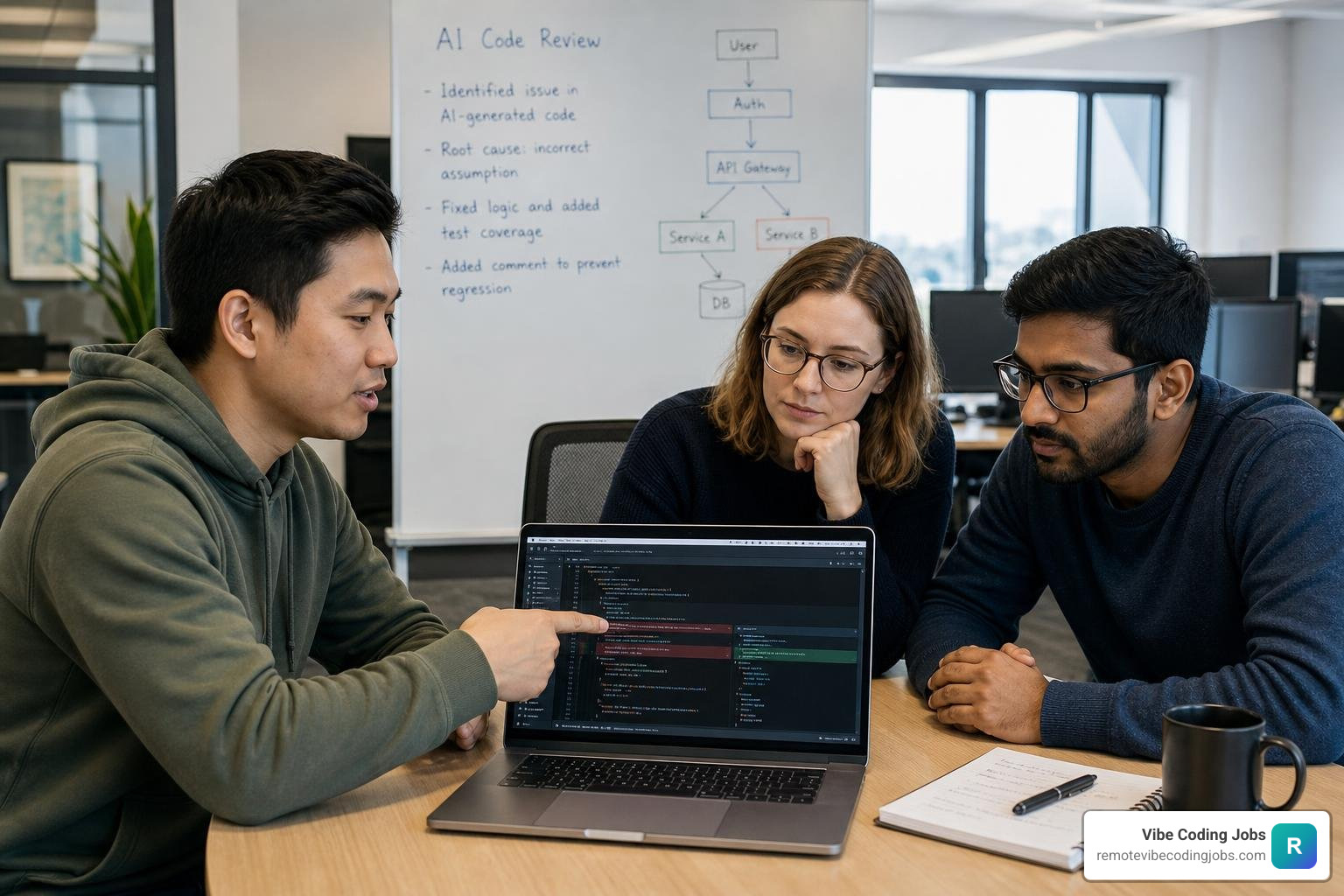 A modern code review session where a developer is explaining how they caught an AI mistake