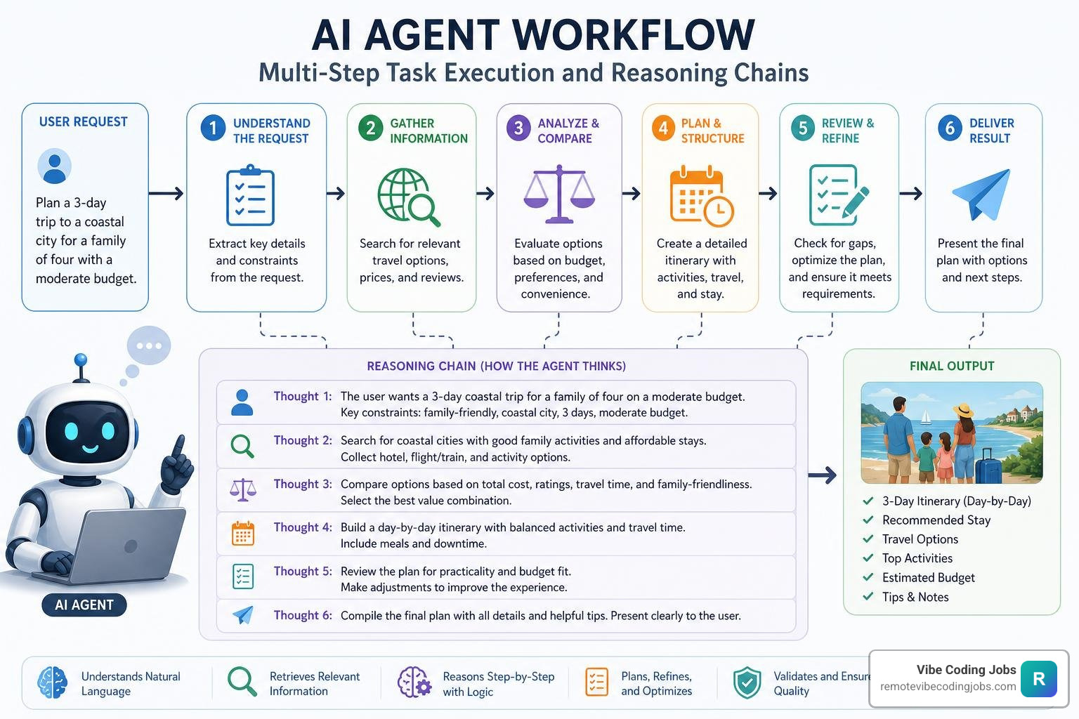 AI agent workflow explaining multi-step task execution and reasoning chains